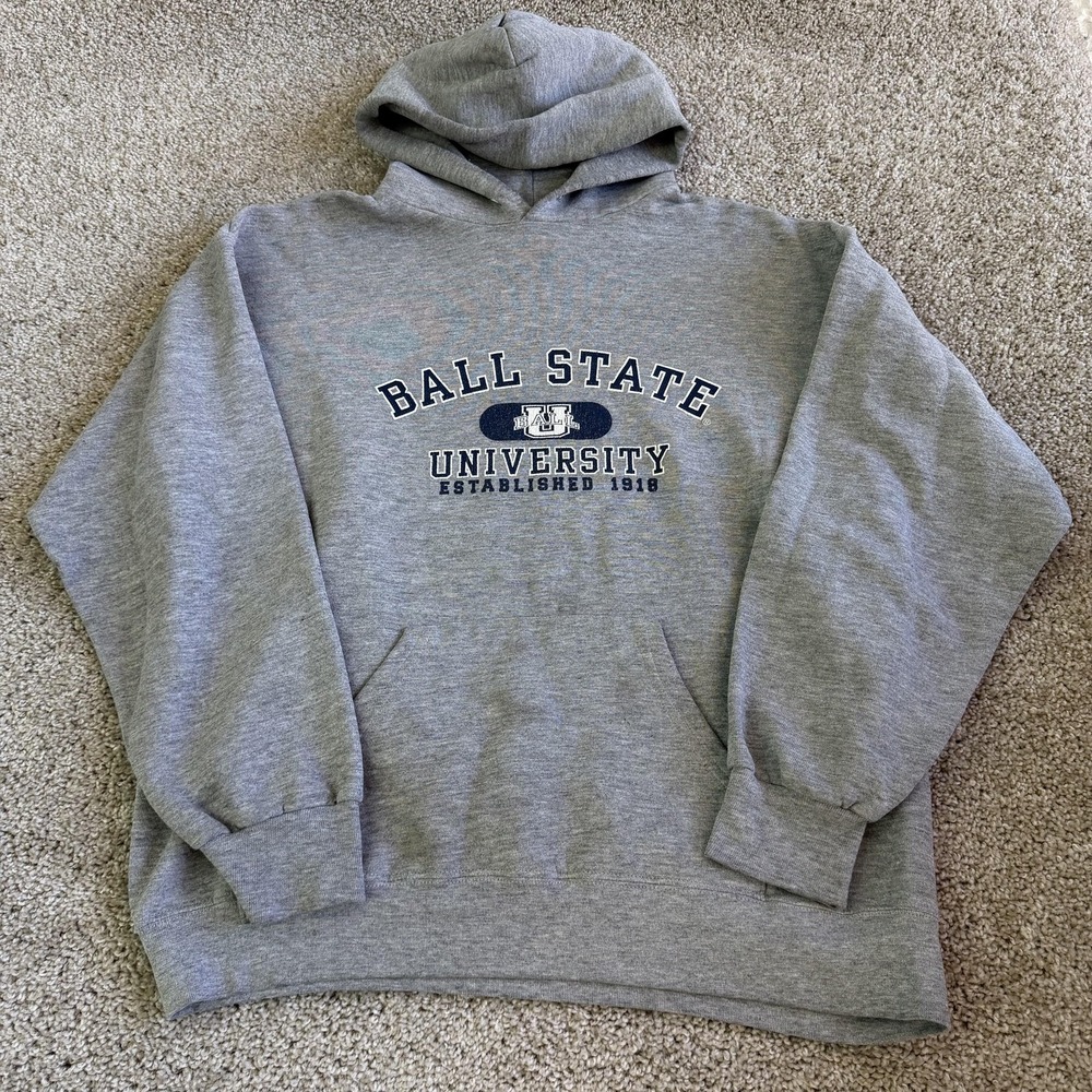 Vintage Ball State Cardinals Hoodie Sweatshirt Mens Large Gray Lee Heavyweight